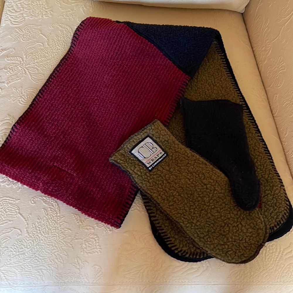 Multi-colored fleece scarf and mittens, excellent condition.